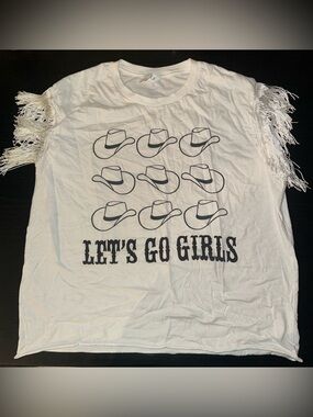 Let's Go Girls White Graphic Tee with Fringe Sleeves